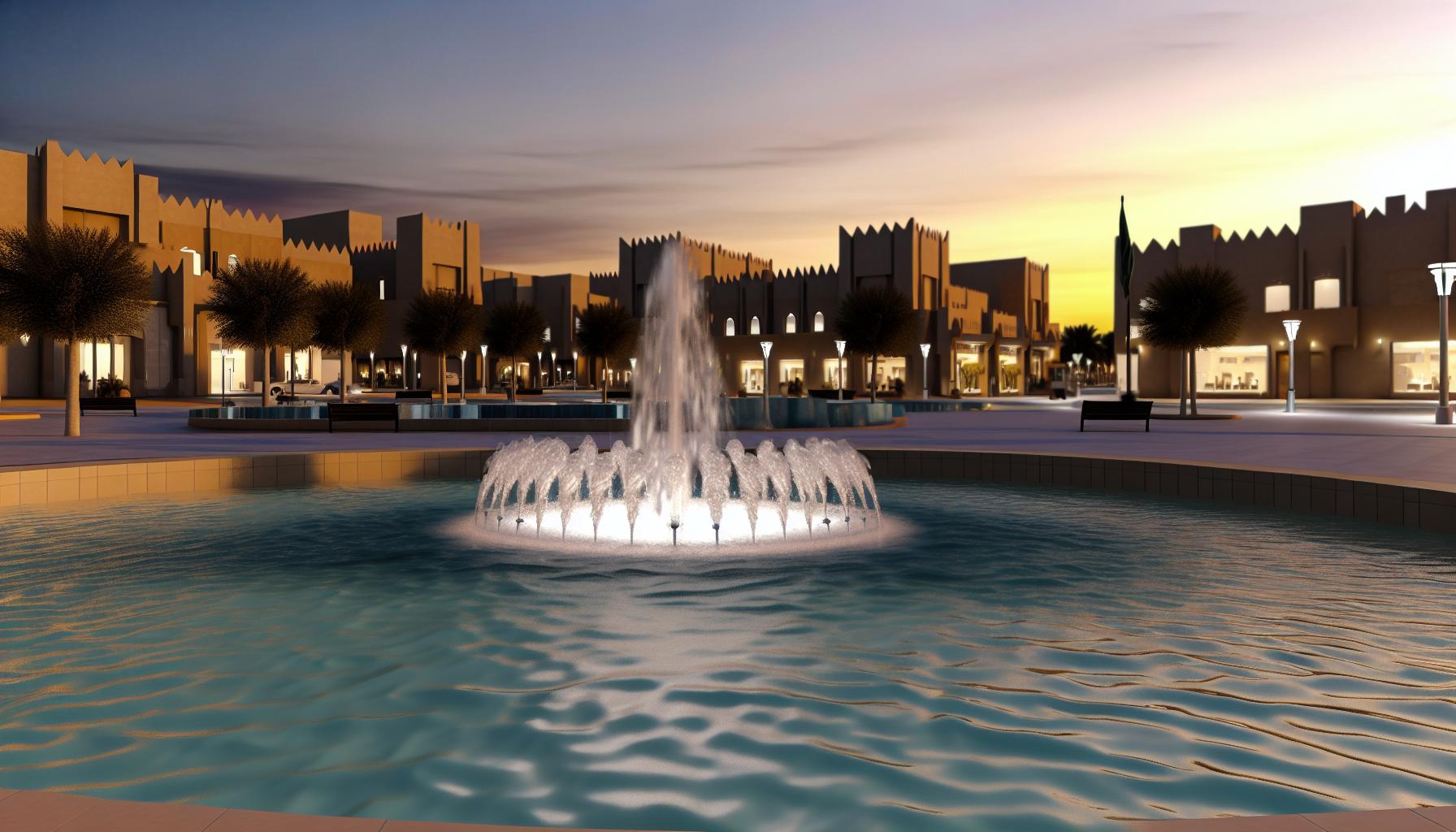 a photorealistic image in the evening of modern saudi arabia with fountain as taken from a digital camera